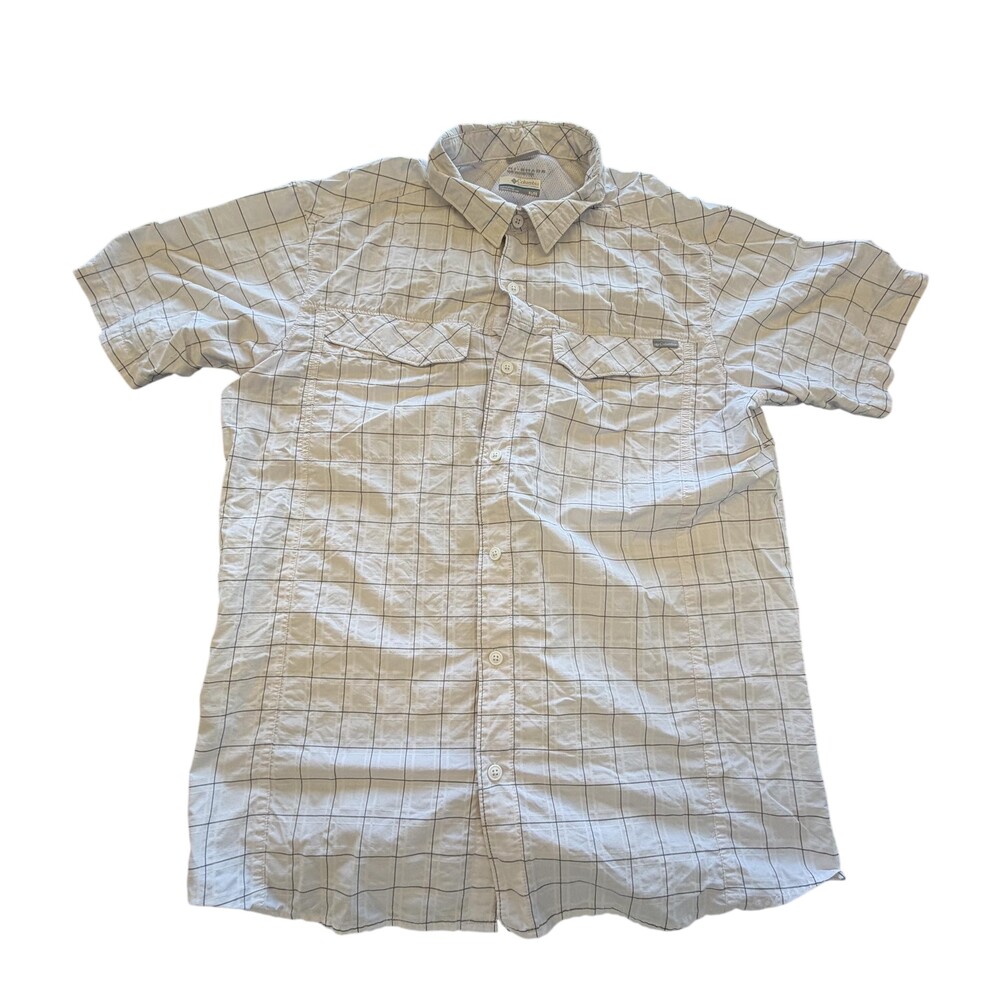 Columbia Shirt Mens XL Beige Check Omni-Shade Short Sleeve Fishing Button Front
